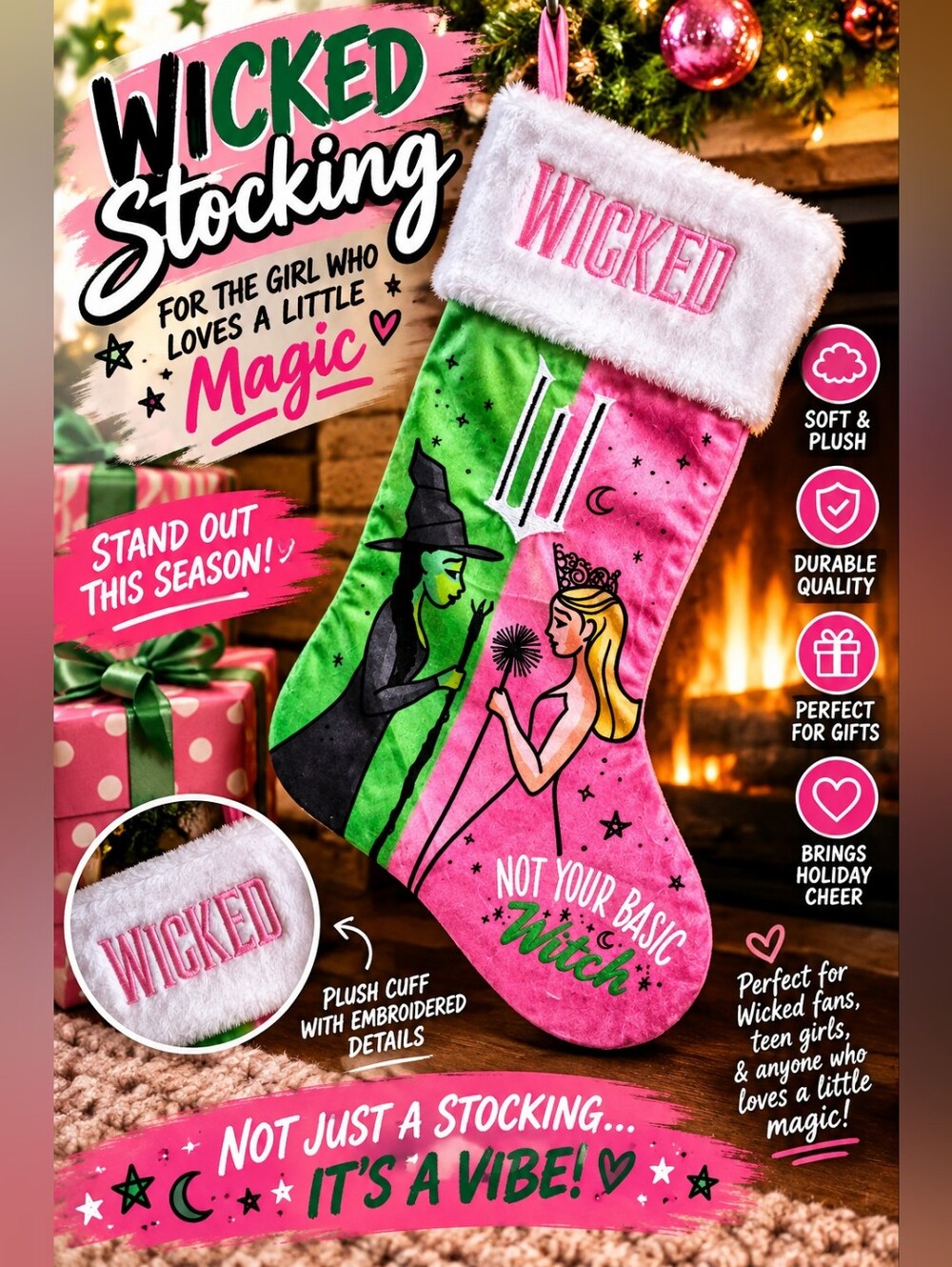 Wicked Elphaba & Glinda Holiday Stocking - Pink & Green with Embroidered Cuff